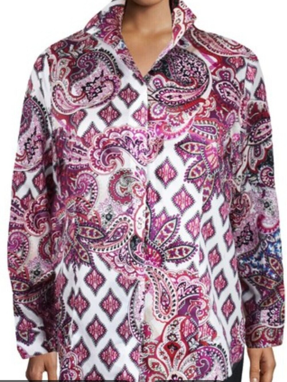Chicos Non Iron Blouse Top Sz 12/14 (2) Paisley Red Pink Button Up Flip Cuff